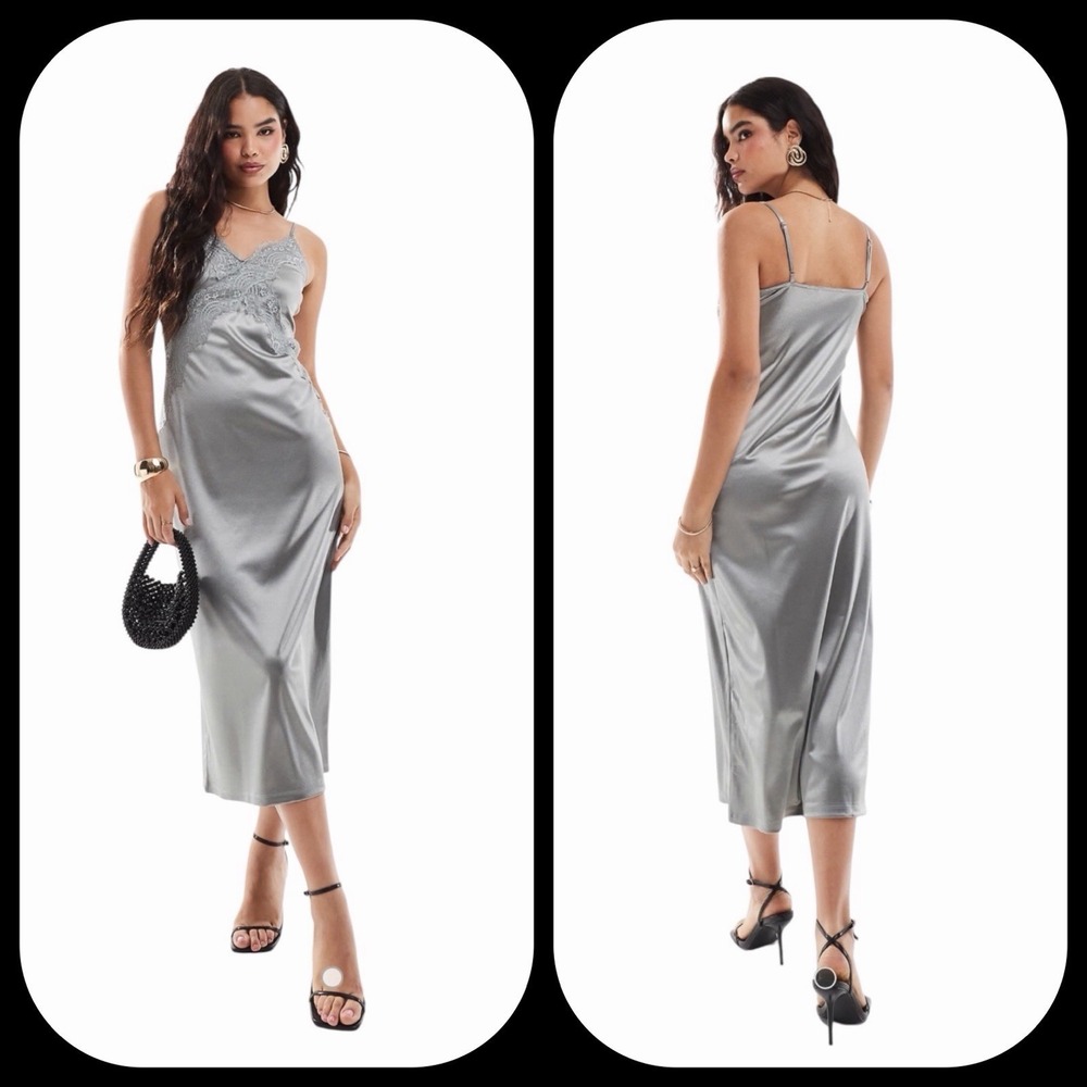 Vero Moda Midi Silver Slip Dress Sz XL NWT Velour Y2K Lace Bodice Griffin Cami